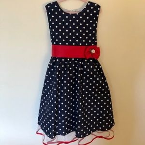 Kid Fashion Sleeveless Party Dress, Navy Blue and White Polka Dot, Red B…